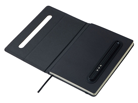 Набор блокнот А5 с магнитным держателем для ручки и подставкой для телефона и металлической шариковой ручкой NotaBene, черный - рис 5.
