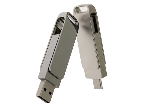 USB 2.0- флешка на 32 Гб поворотный механизм 2 в 1, c дополнительным разъемом Type-C с одноцветным металлическим клипом, серый - рис 4.