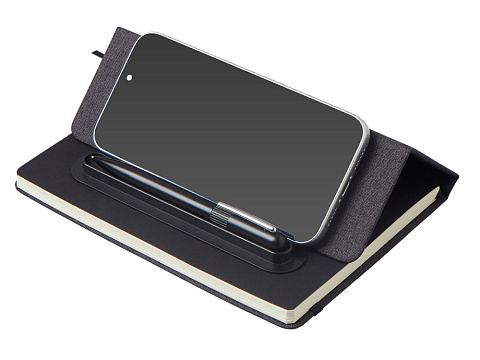 Набор блокнот А5 с магнитным держателем для ручки и подставкой для телефона и металлической шариковой ручкой NotaBene, черный - рис 2.