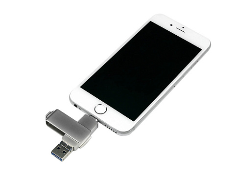 USB-флешка на 32 Гб, интерфейс USB3.0, поворотный механизм,c дополнительными разъемами для I-phone Lightning и Micro USB,  полностью металлический корпус, серебро - рис 4.
