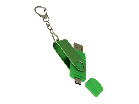 USB-флешка на 32 Гб 2 в 1 поворотный механизм, c дополнительным разъемом Type-C с одноцветным металлическим клипом, зеленый - рис 4.